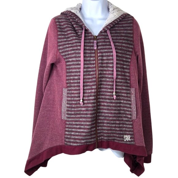 Miss Me Burgundy Faux Fur Lined Hood Sharkbite Hem Cardigan Jacket Stripes Sz M - Picture 1 of 8